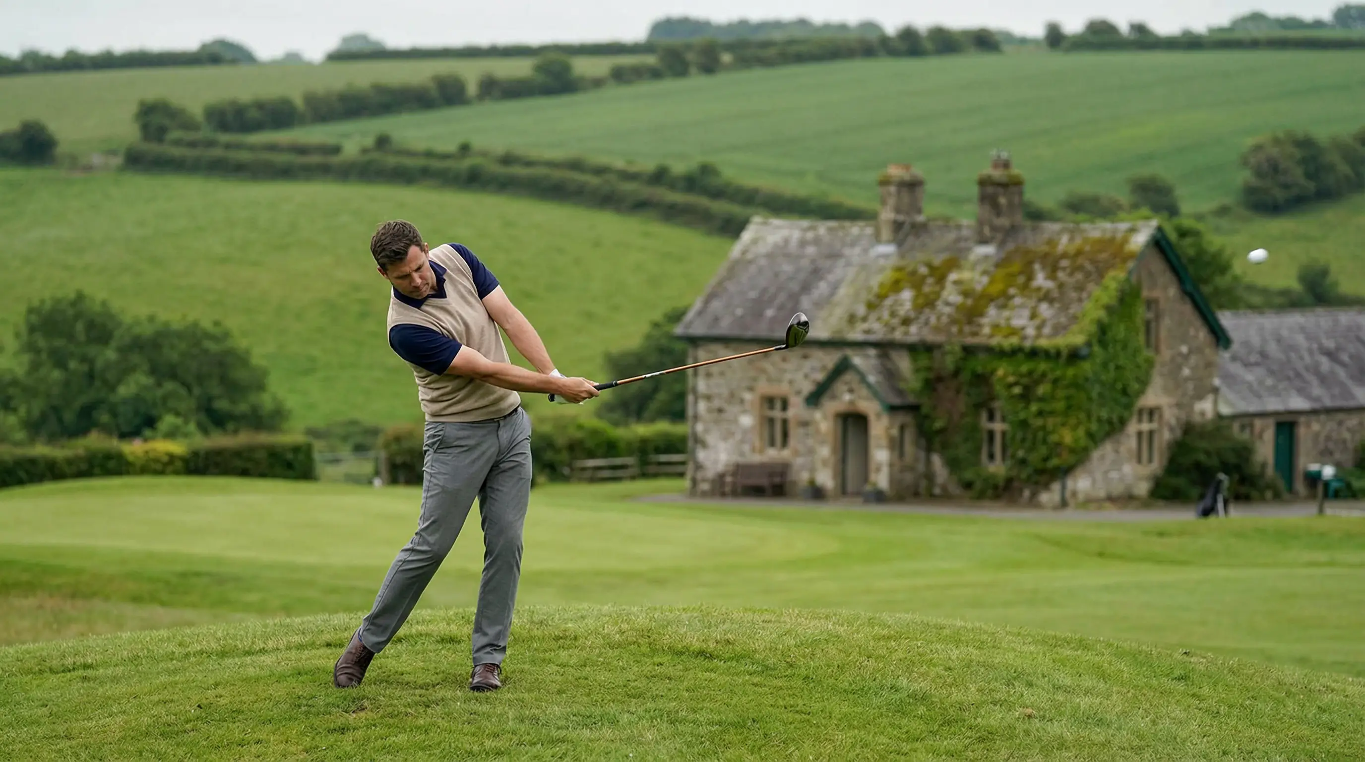 Golfista europeo jugando en un campo de golf clásico europeo con paisaje verde y colinas