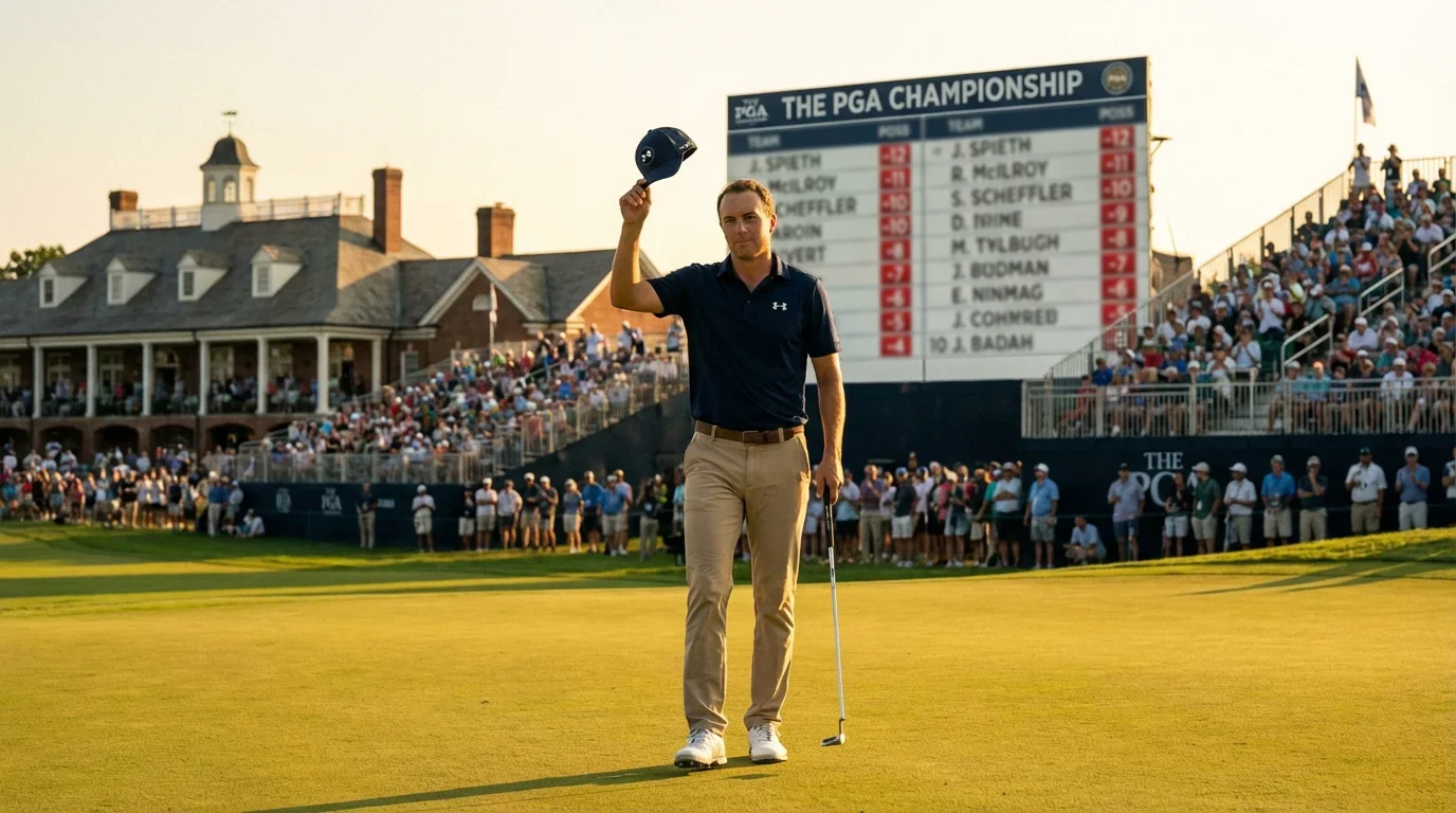 Golfista celebrando un top 5 finish con el leaderboard de un torneo al fondo