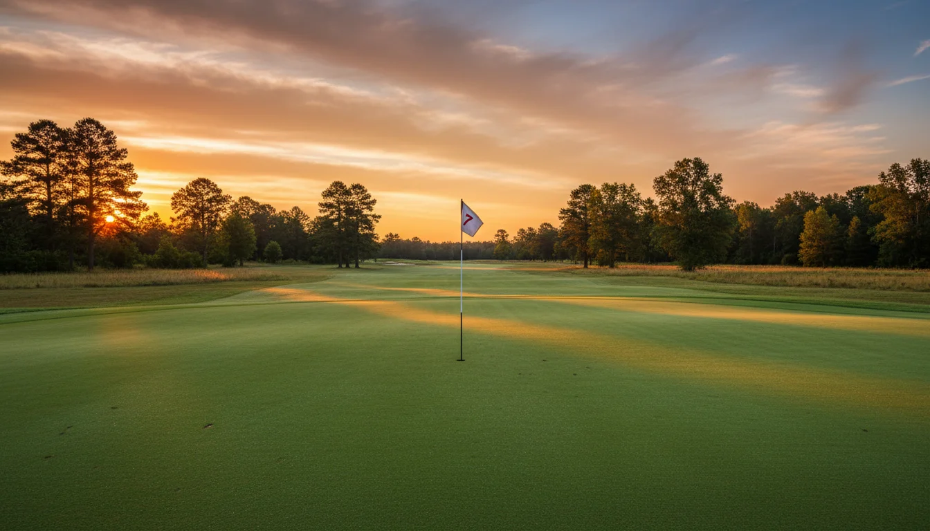 Campo de golf profesional con vista panorámica al green y bandera en un torneo