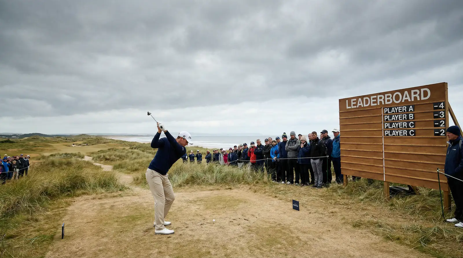 Golfista en pleno swing durante una ronda con espectadores y marcador del torneo al fondo