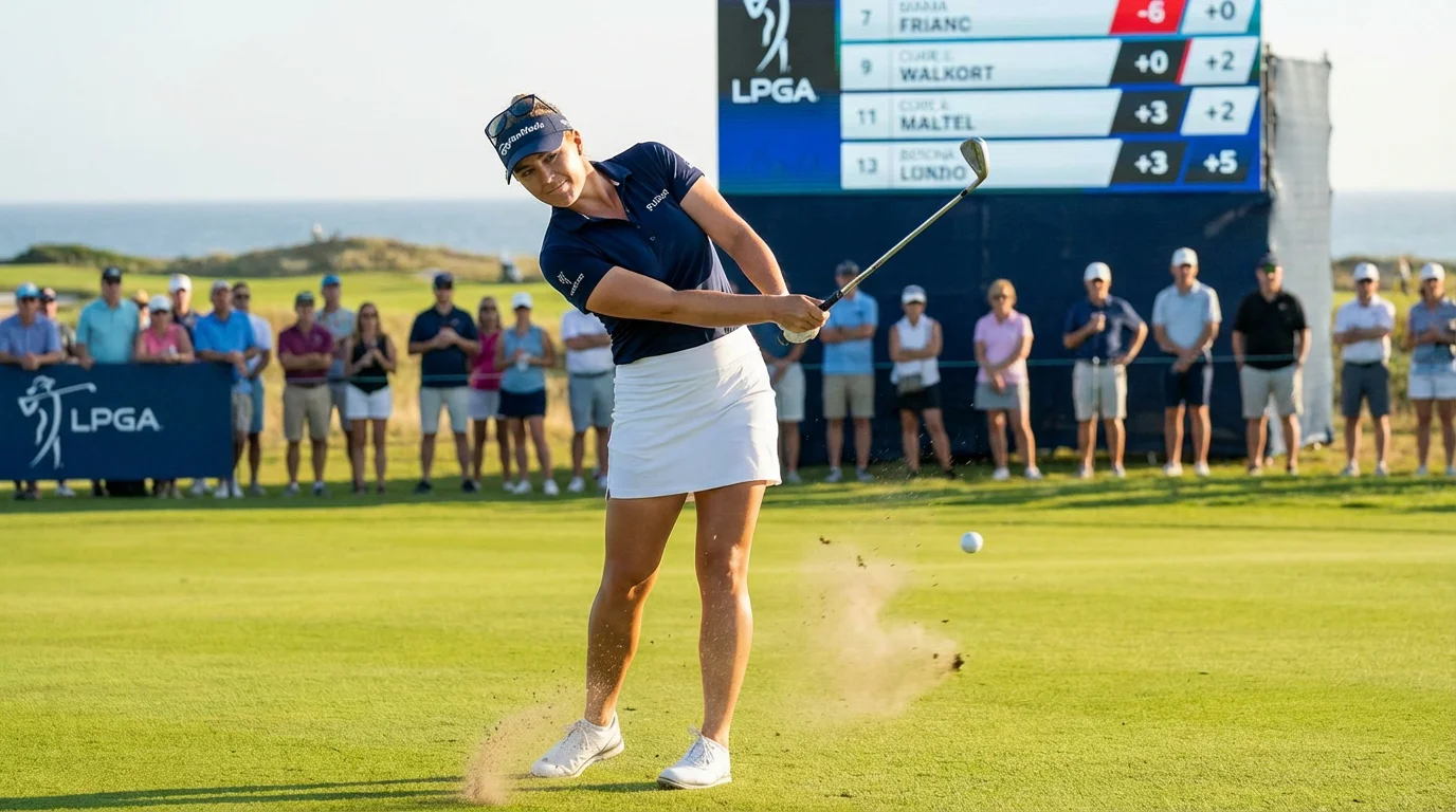 Golfista profesional femenina ejecutando un swing en un torneo de la LPGA Tour