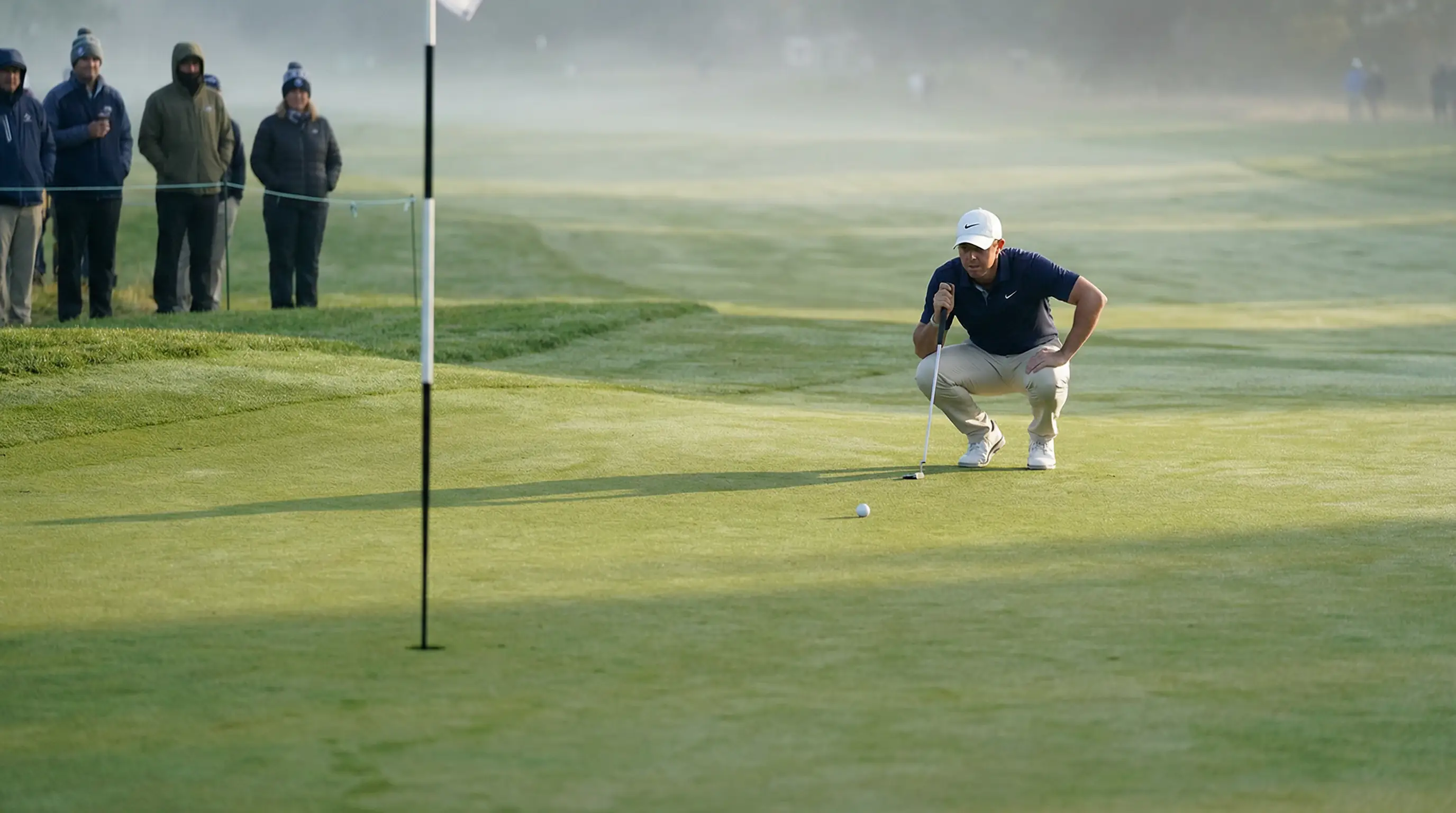 Golfista concentrado antes de un putt en la primera ronda de un torneo profesional