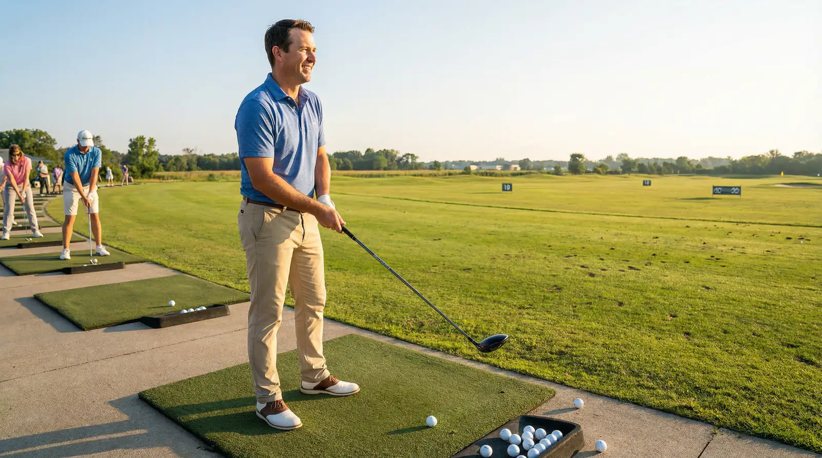 Golfista amateur sonriente en un campo de prácticas preparándose para jugar