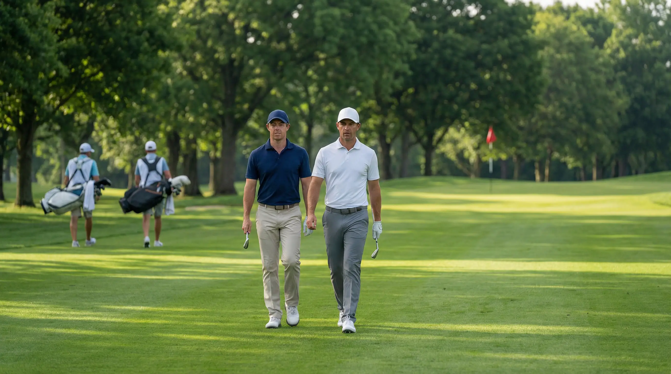 Dos golfistas caminando juntos por un fairway de golf en un duelo head-to-head