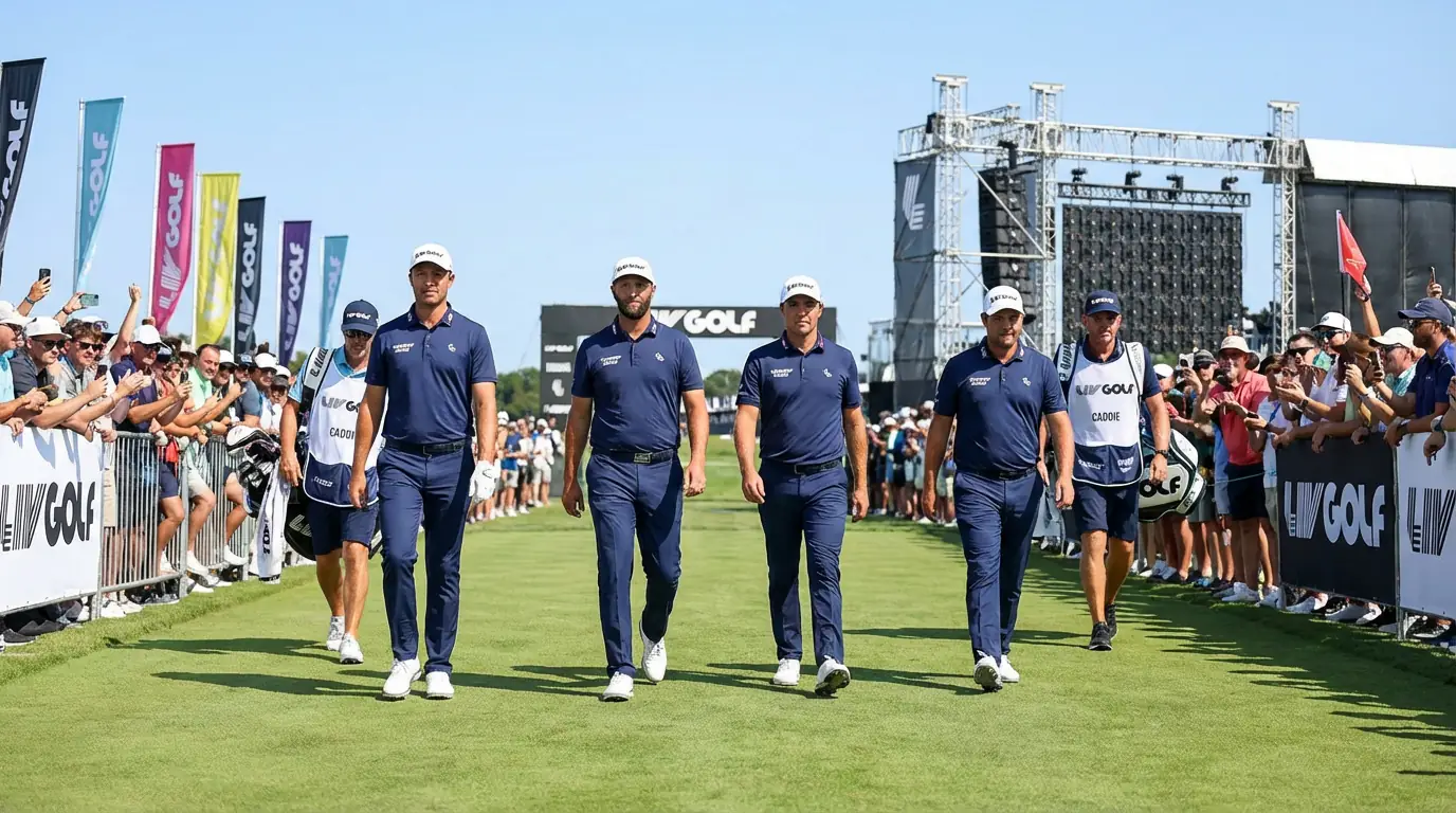 Grupo de golfistas del LIV Golf con uniformes de equipo en un campo de golf moderno