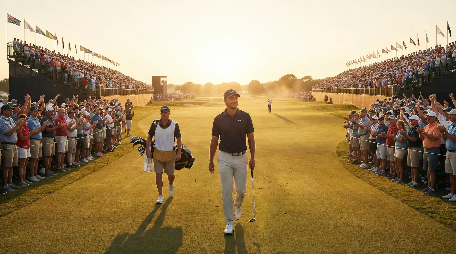 Golfista caminando solo por el fairway con amplia ventaja hacia el último hoyo