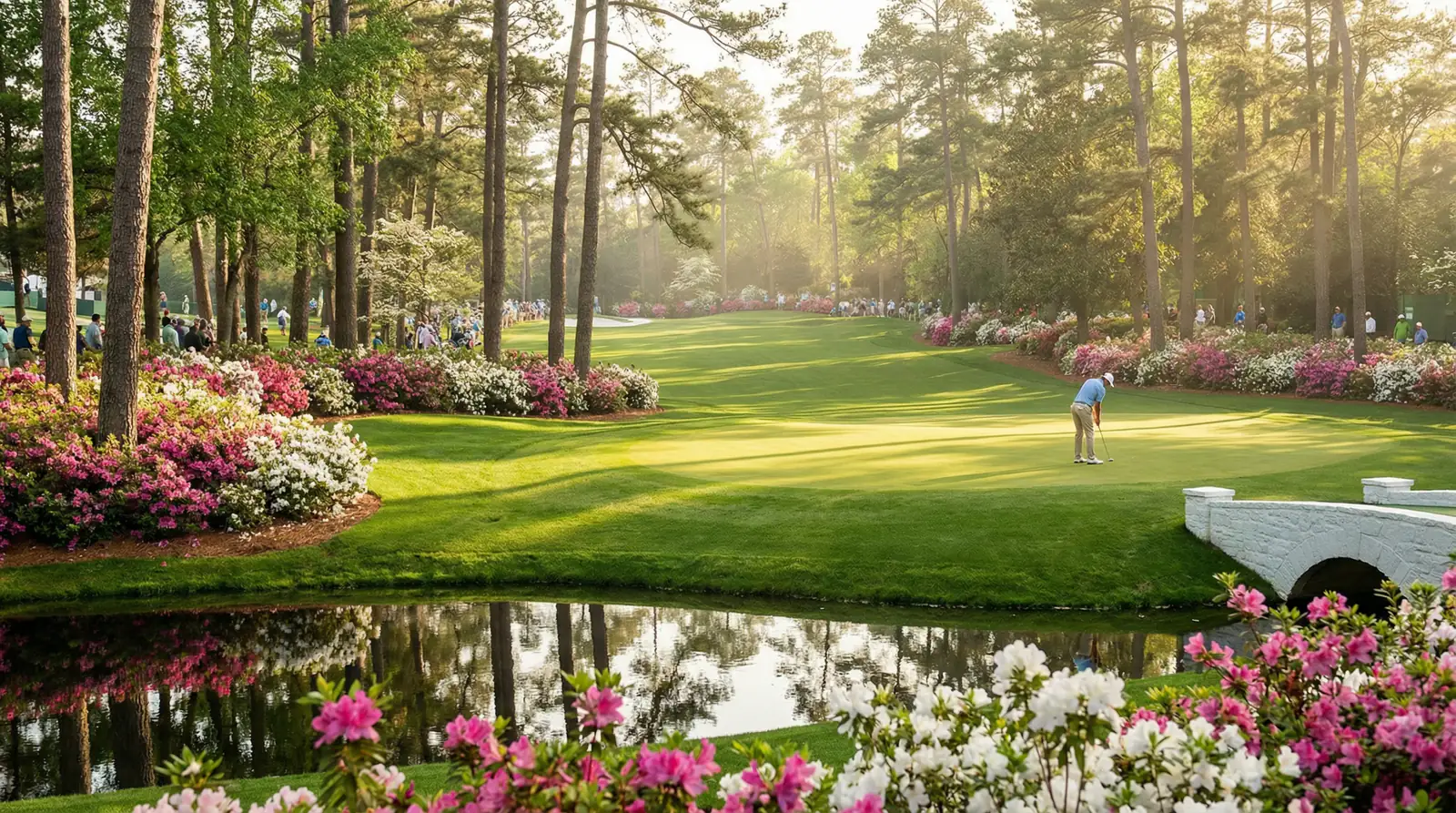 Campo de golf de Augusta National con el green del hoyo 12 y azaleas en flor durante el Masters