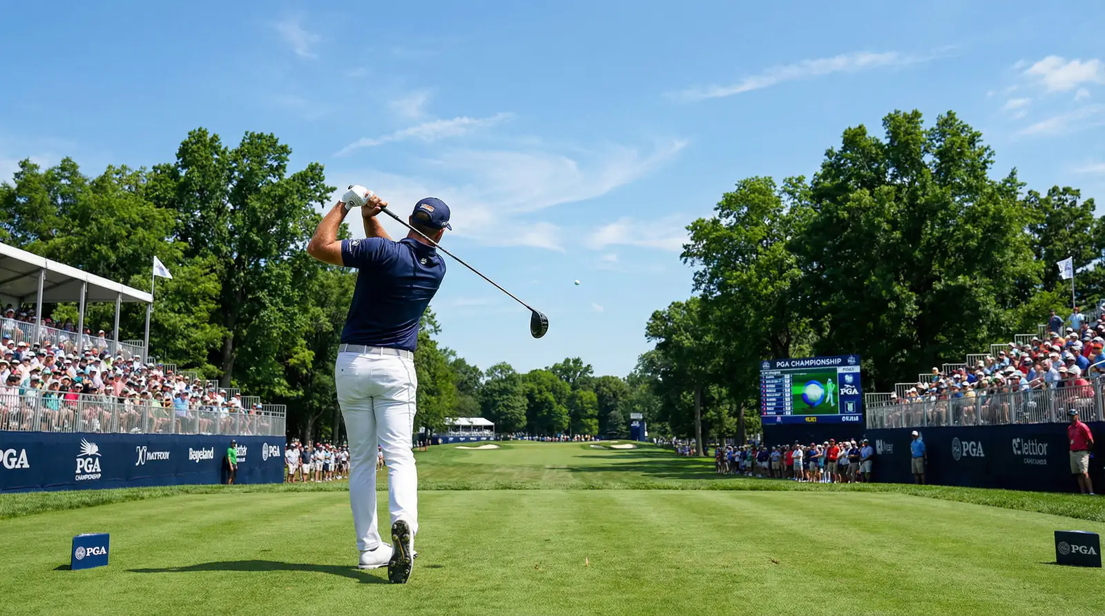 Golfista profesional golpeando un drive en un fairway amplio durante el PGA Championship