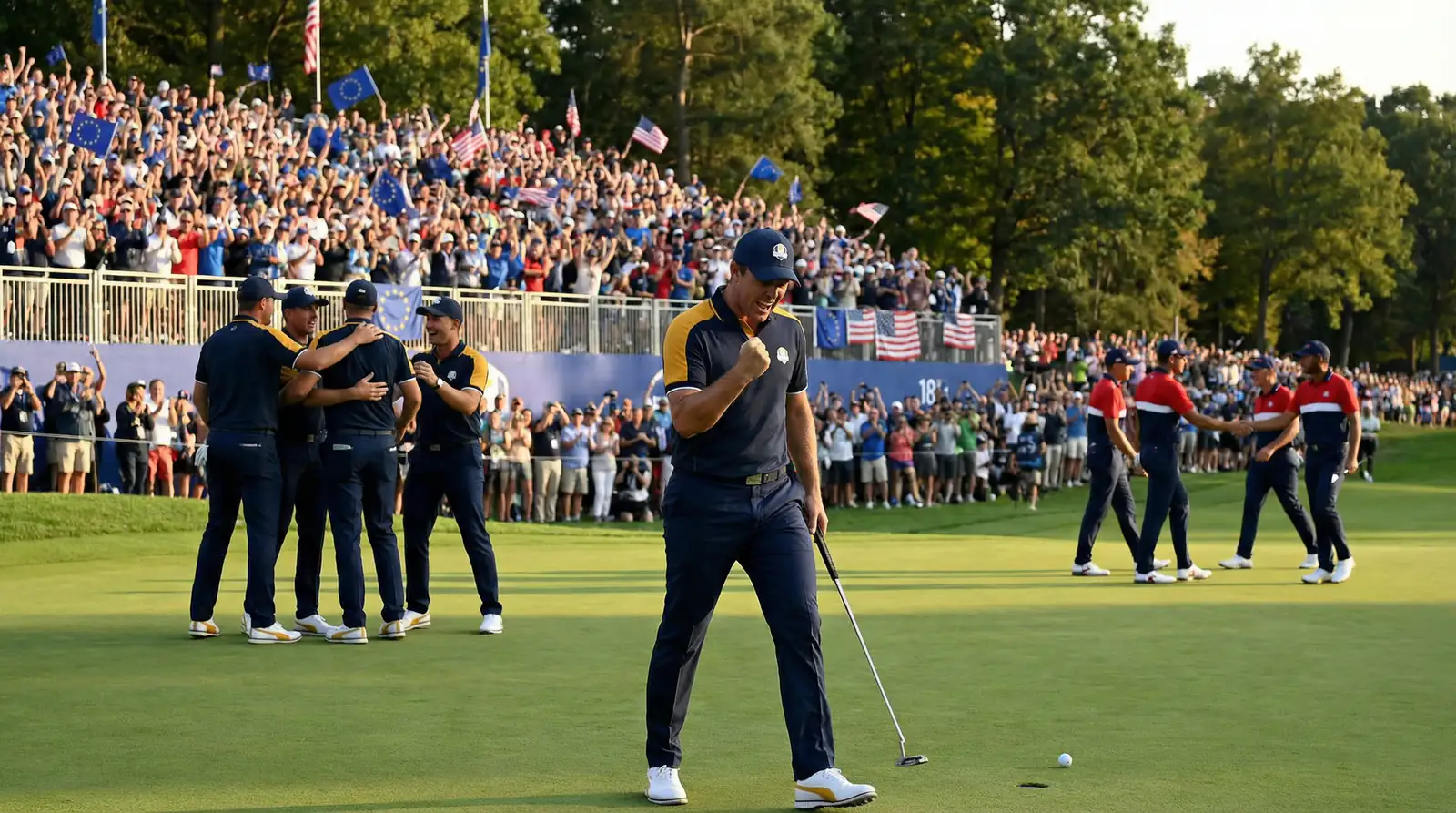 Equipo europeo de la Ryder Cup celebrando un putt decisivo con público al fondo