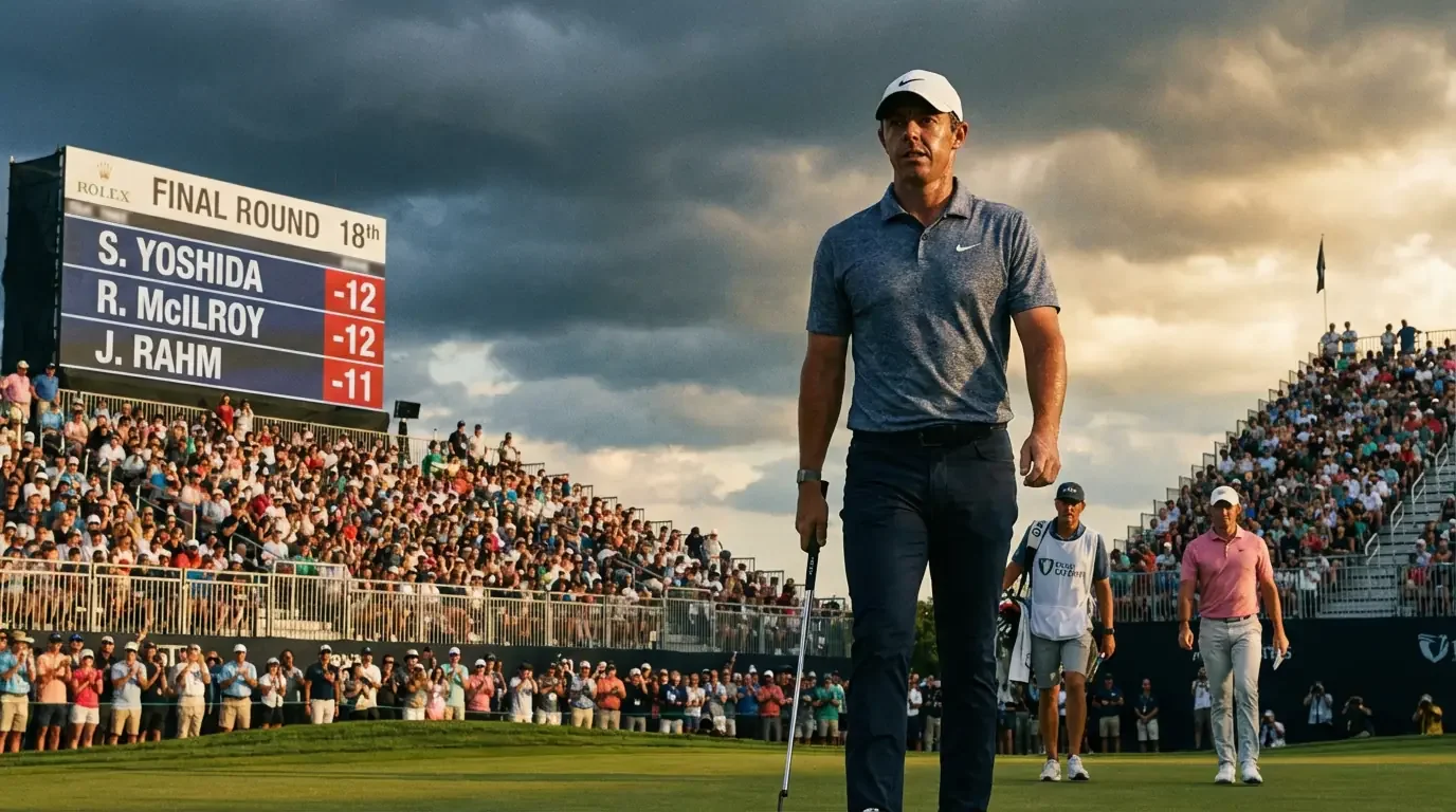 Golfista caminando hacia el green final de un torneo con el marcador en tensión