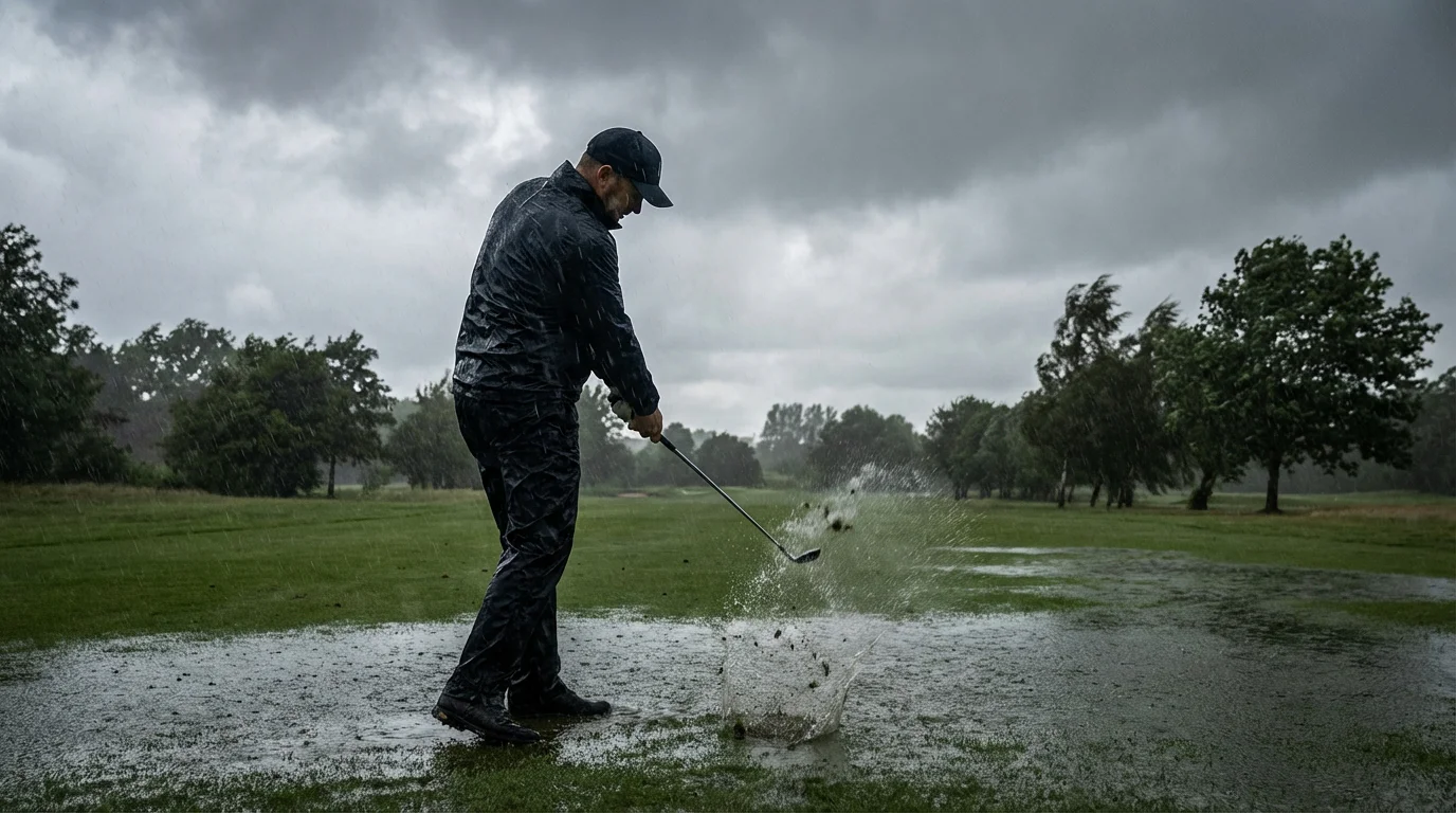 Golfista jugando bajo lluvia intensa en un campo de golf con cielo oscuro y tormentoso