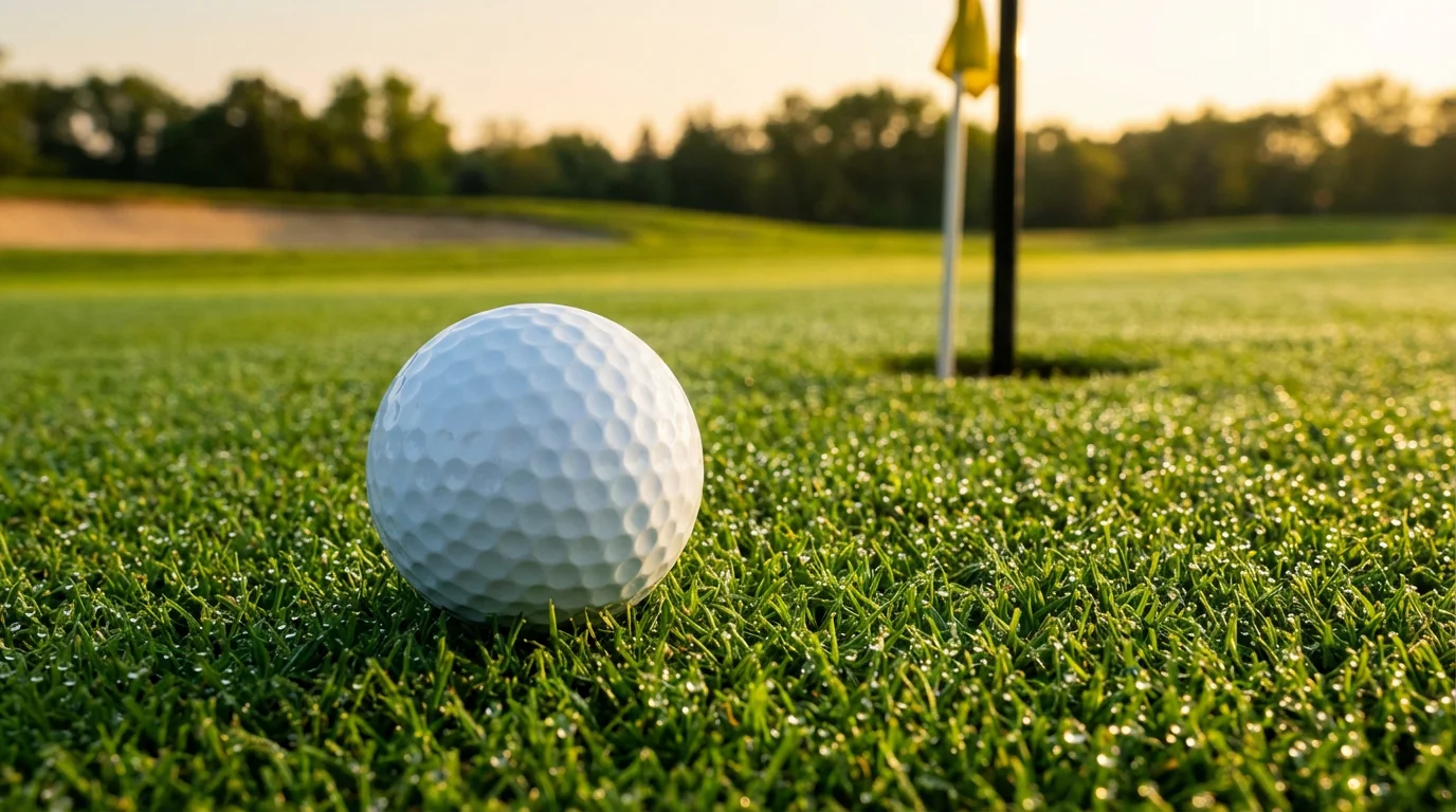 Primer plano de una bola de golf sobre el green con la bandera y el hoyo desenfocados al fondo