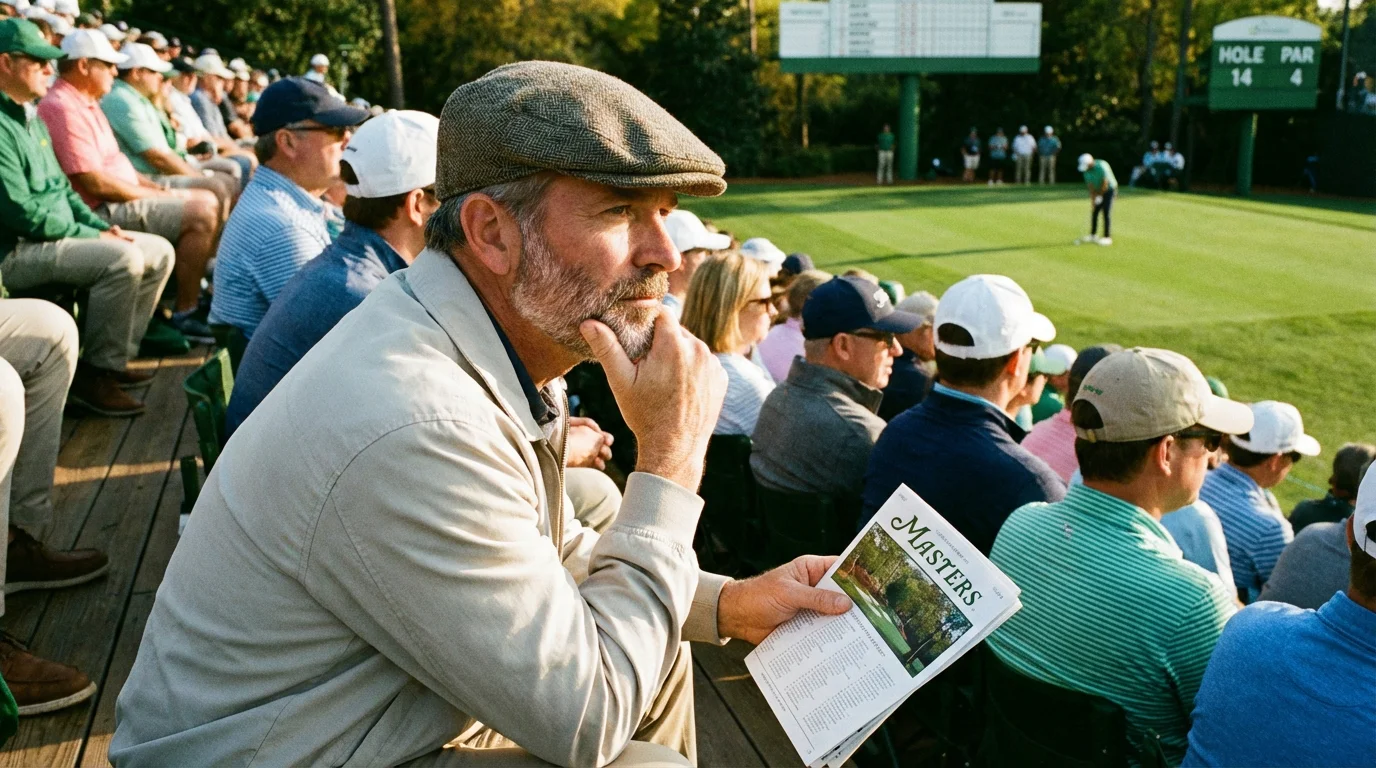 Persona observando un torneo de golf desde la tribuna con expresión analítica