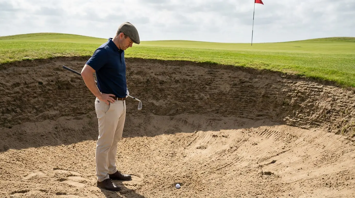 Golfista frustrado mirando su bola en un bunker profundo de arena en un campo de golf