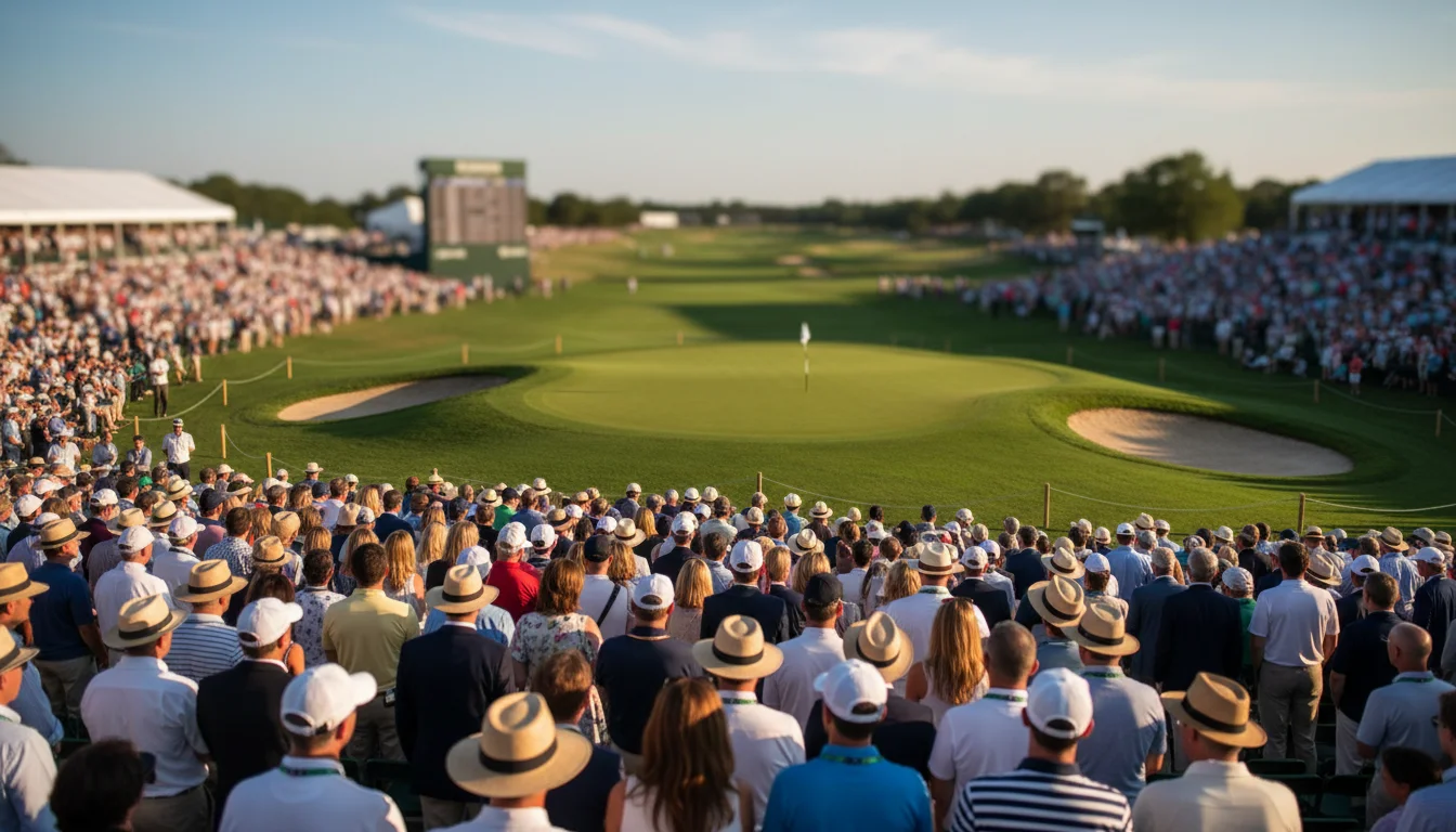 Espectadores siguiendo un torneo Major de golf desde la tribuna junto al green