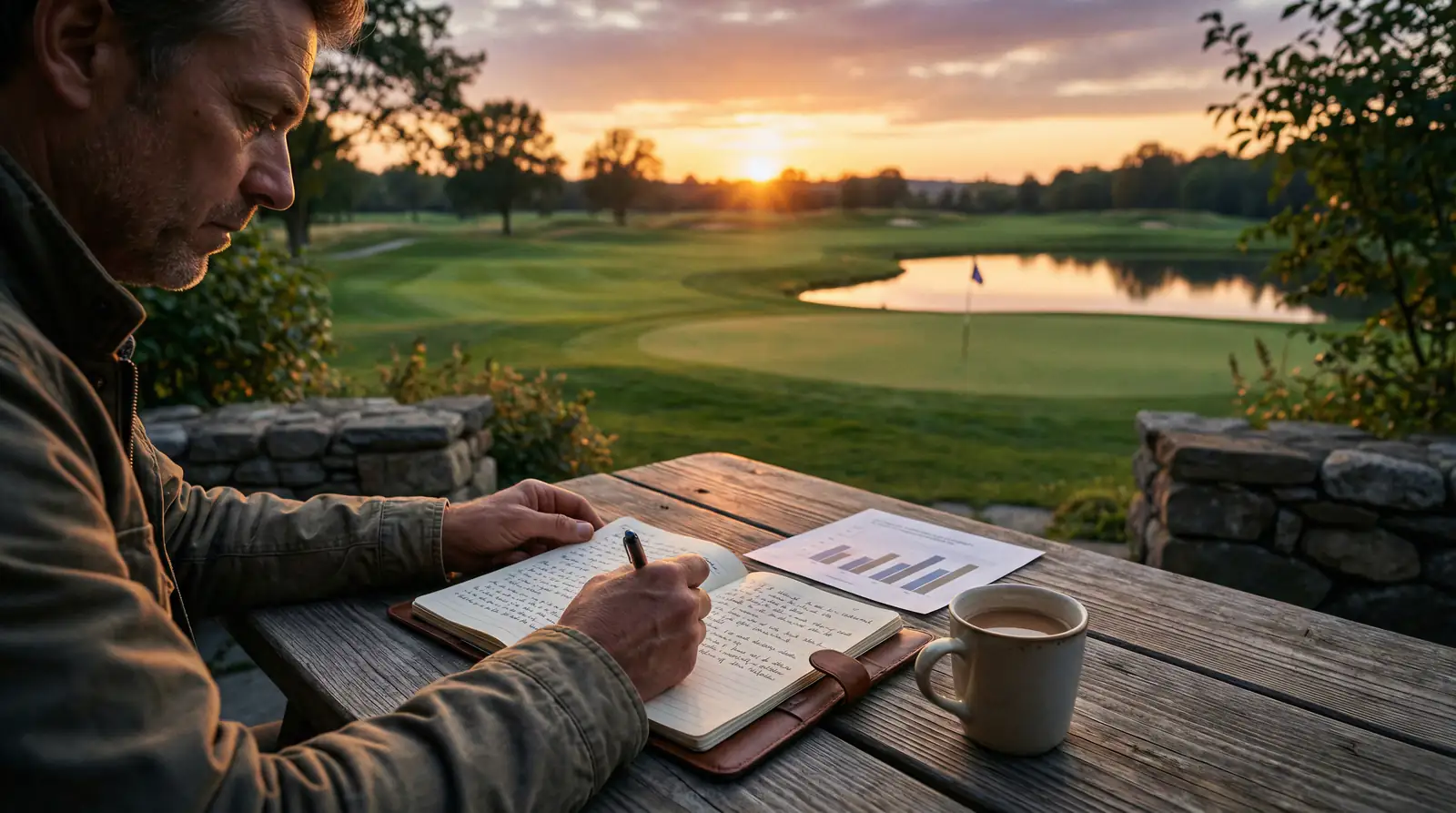 Persona analizando estadísticas de golf con bloc de notas junto a un campo de golf al atardecer
