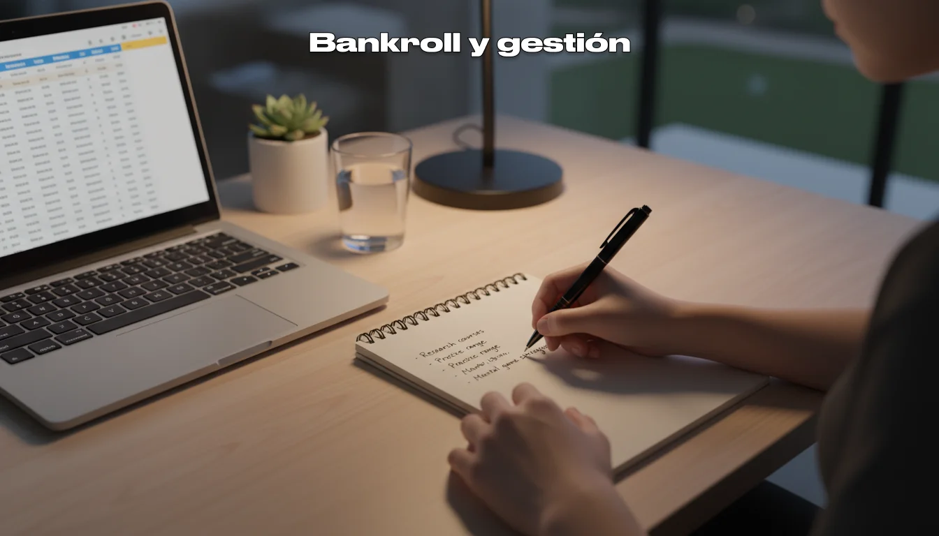 Persona planificando apuestas de golf con un bloc de notas y bolígrafo sobre una mesa