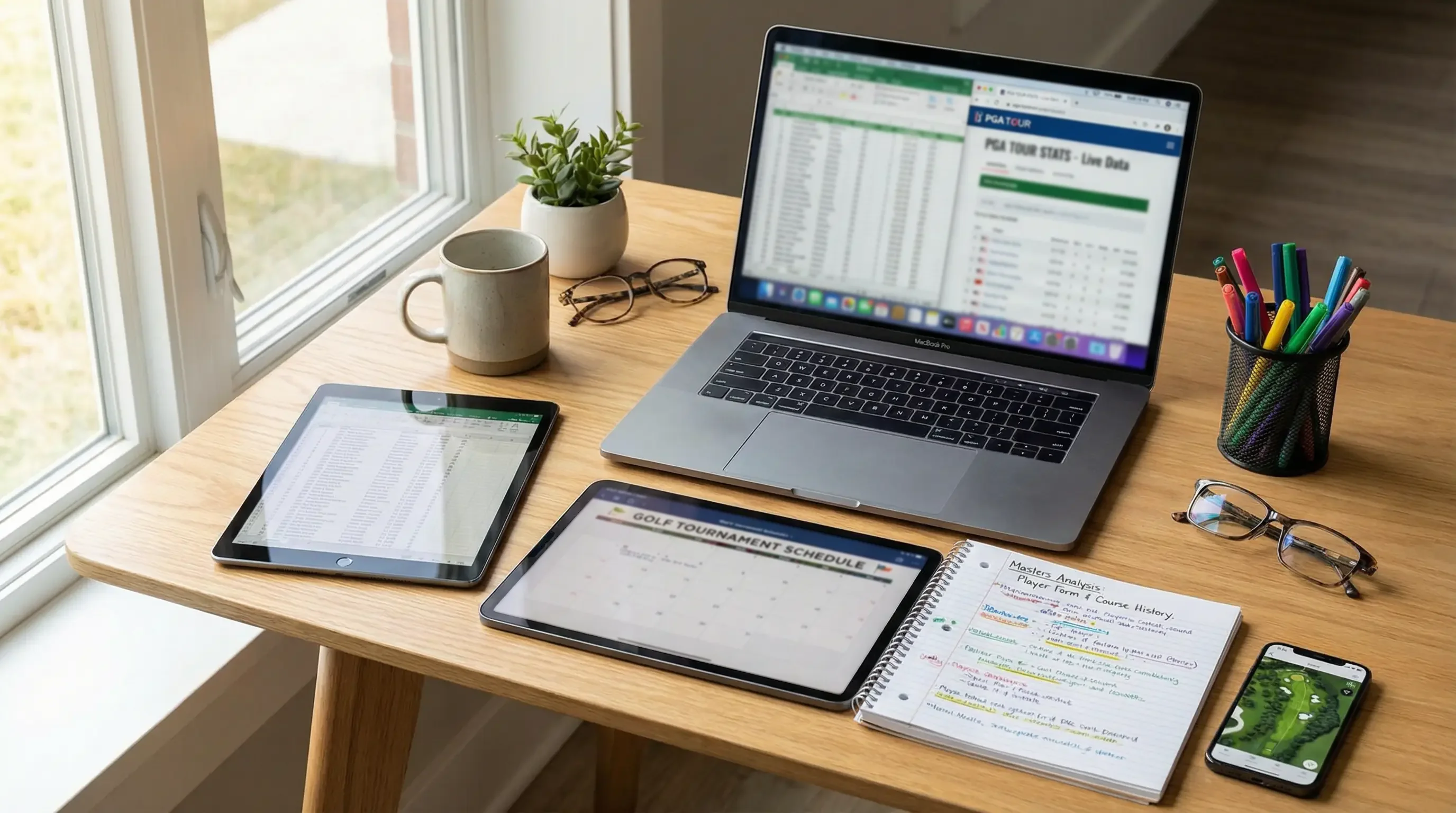 Escritorio organizado con portátil, tablet y bloc de notas para analizar apuestas de golf