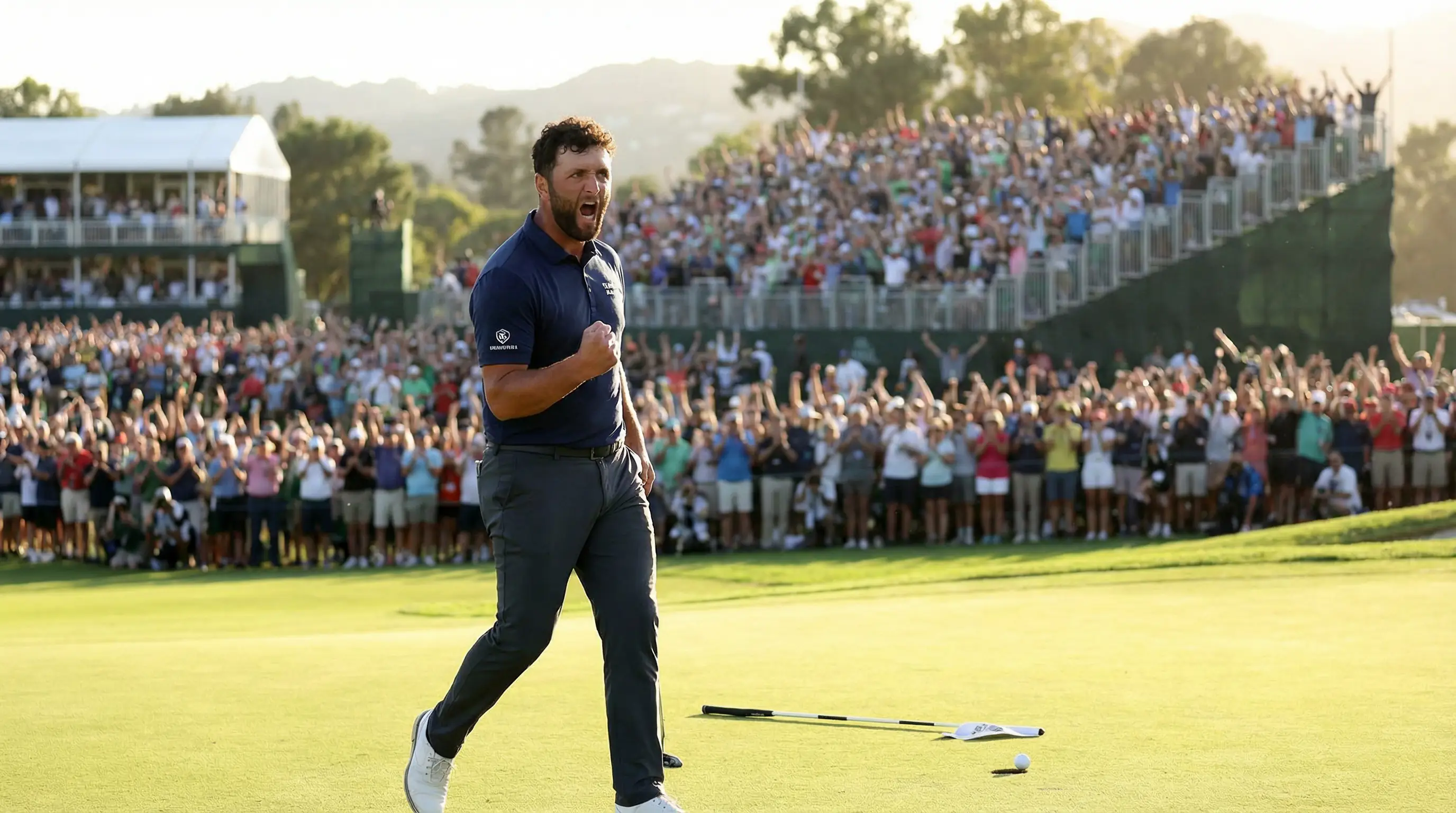 Golfista español celebrando un putt importante con el puño en alto en un torneo Major