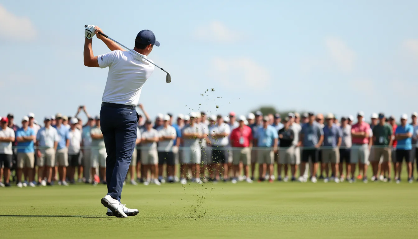 Golfista profesional ejecutando un golpe de approach en un torneo con público de fondo