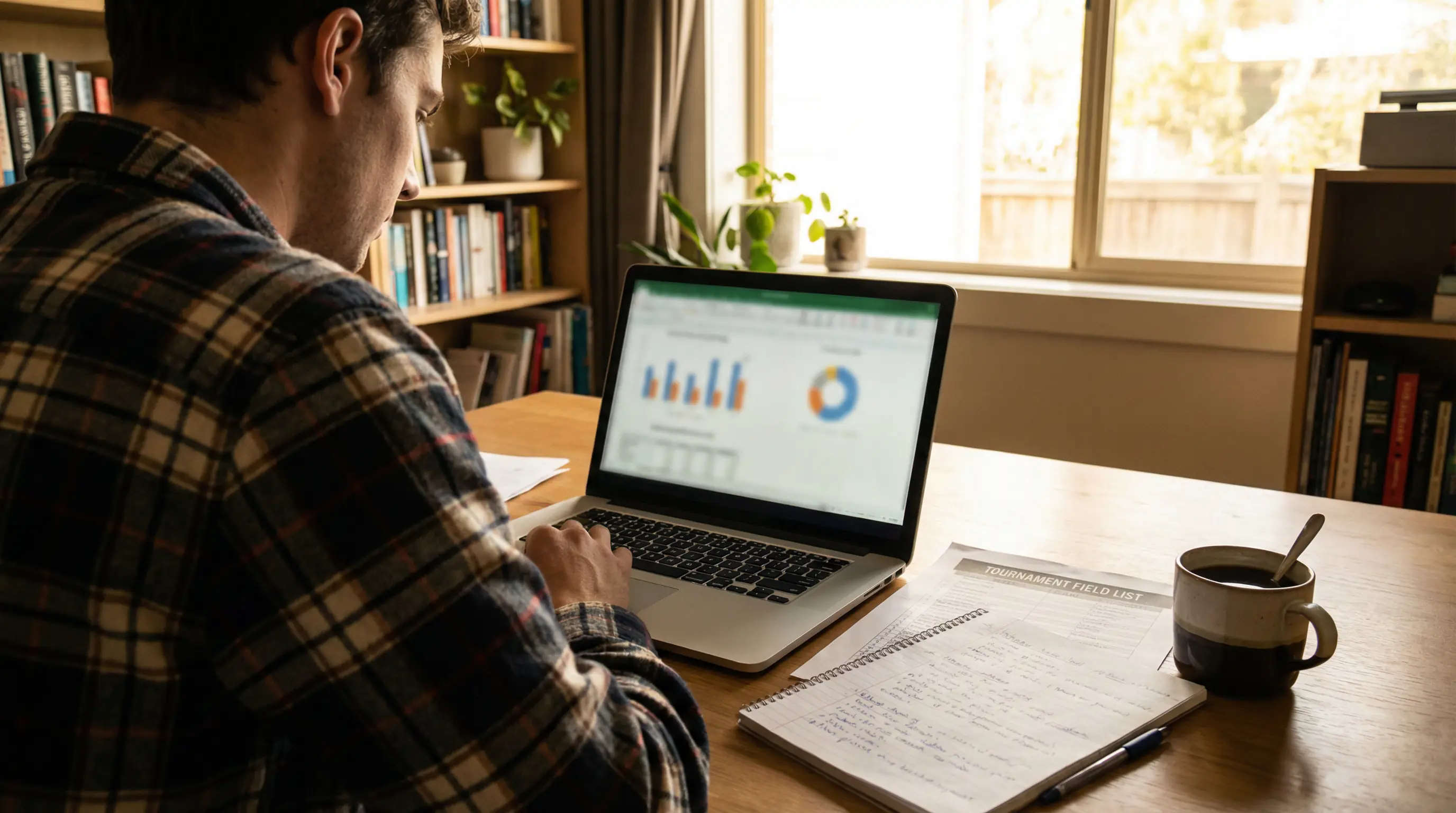 Persona analizando estadísticas de golf en un portátil con notas y datos sobre la mesa