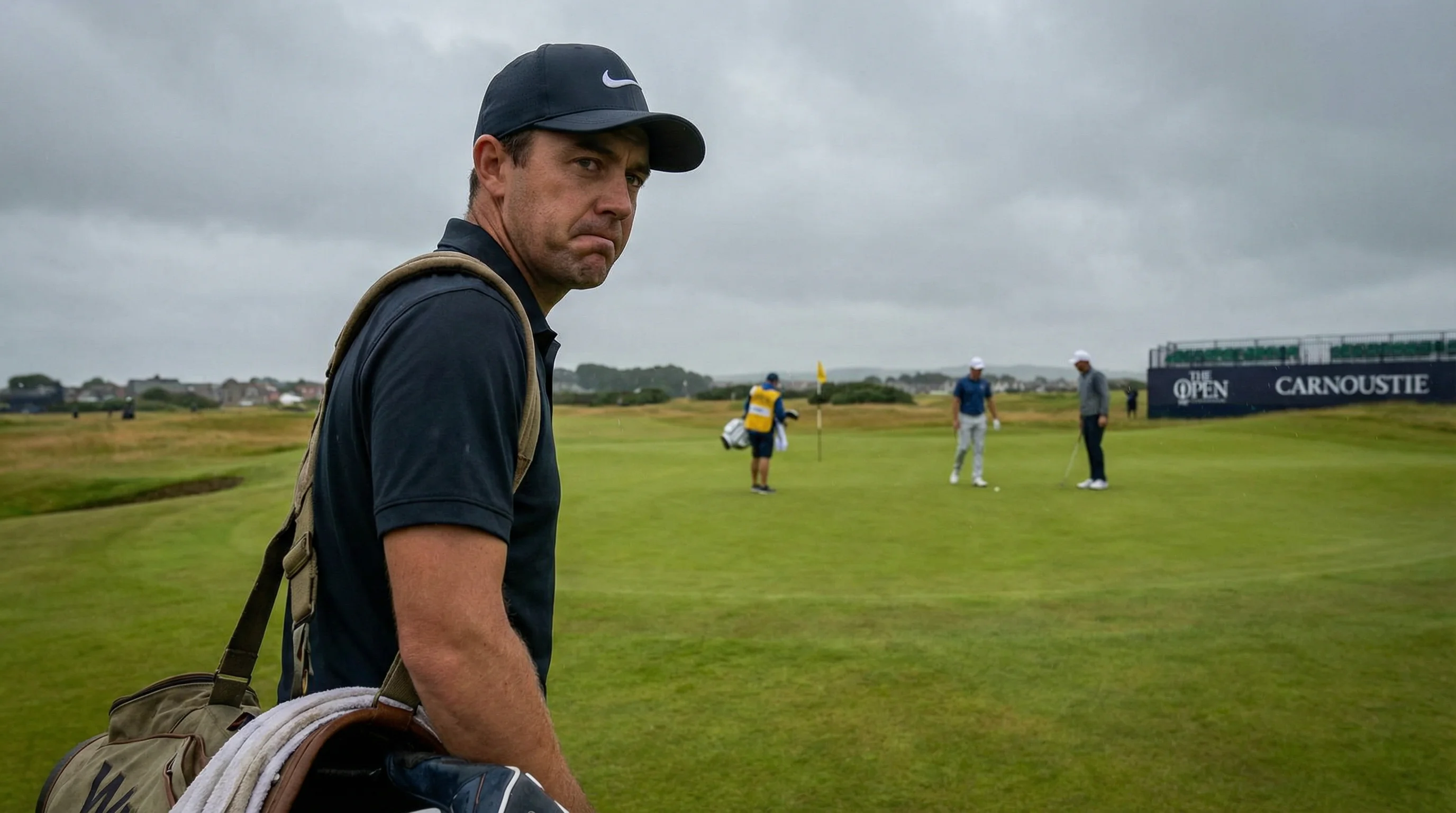 Golfista retirándose del campo de golf con gesto serio mientras la competición continúa