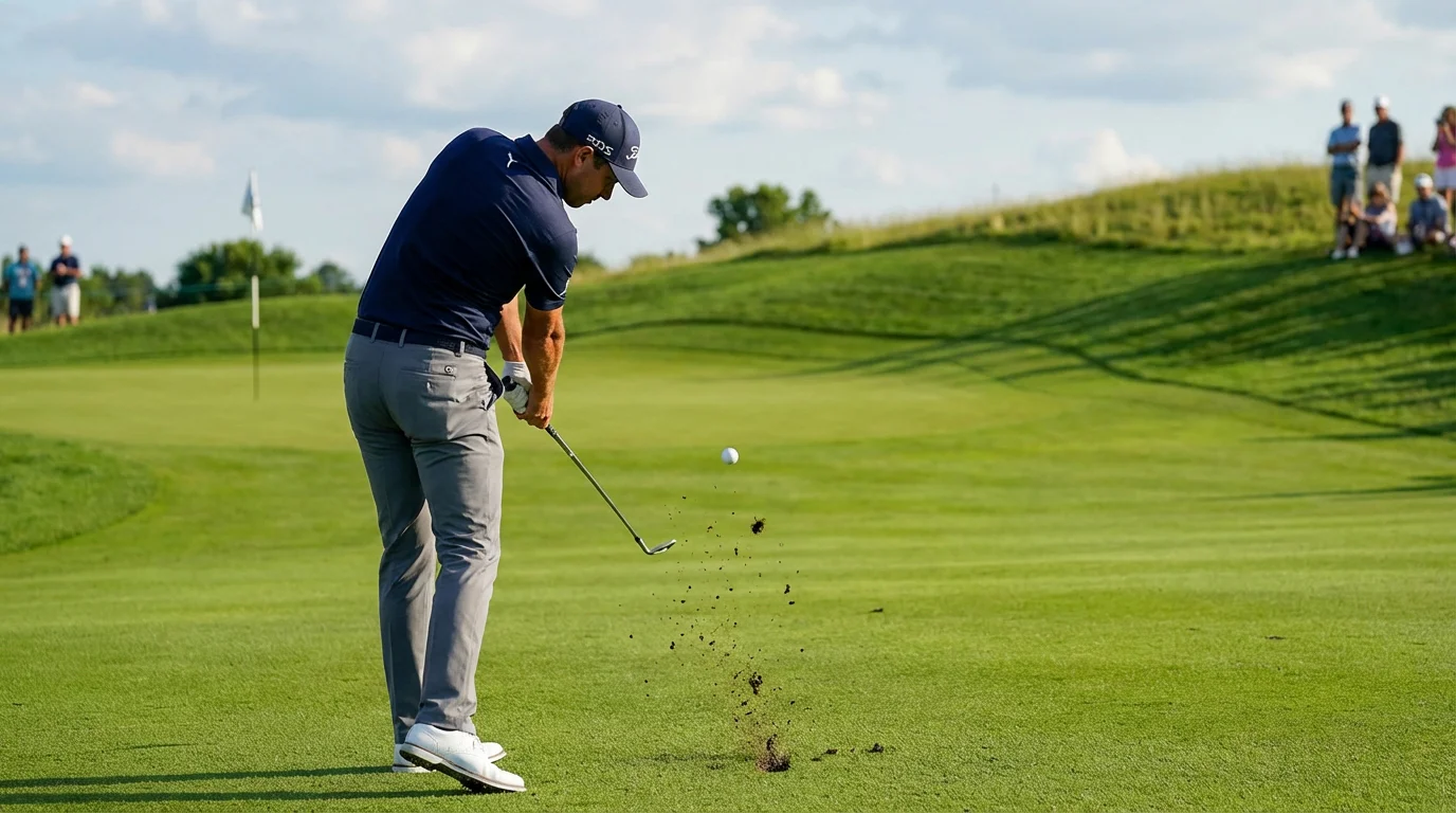 Golfista profesional ejecutando un approach preciso al green con hierro medio