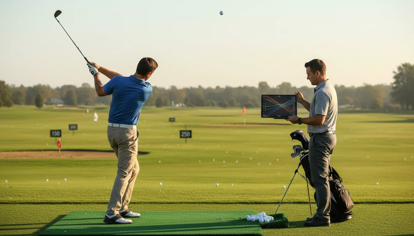 Jugador de golf practicando en el driving range con instructor revisando datos de rendimiento
