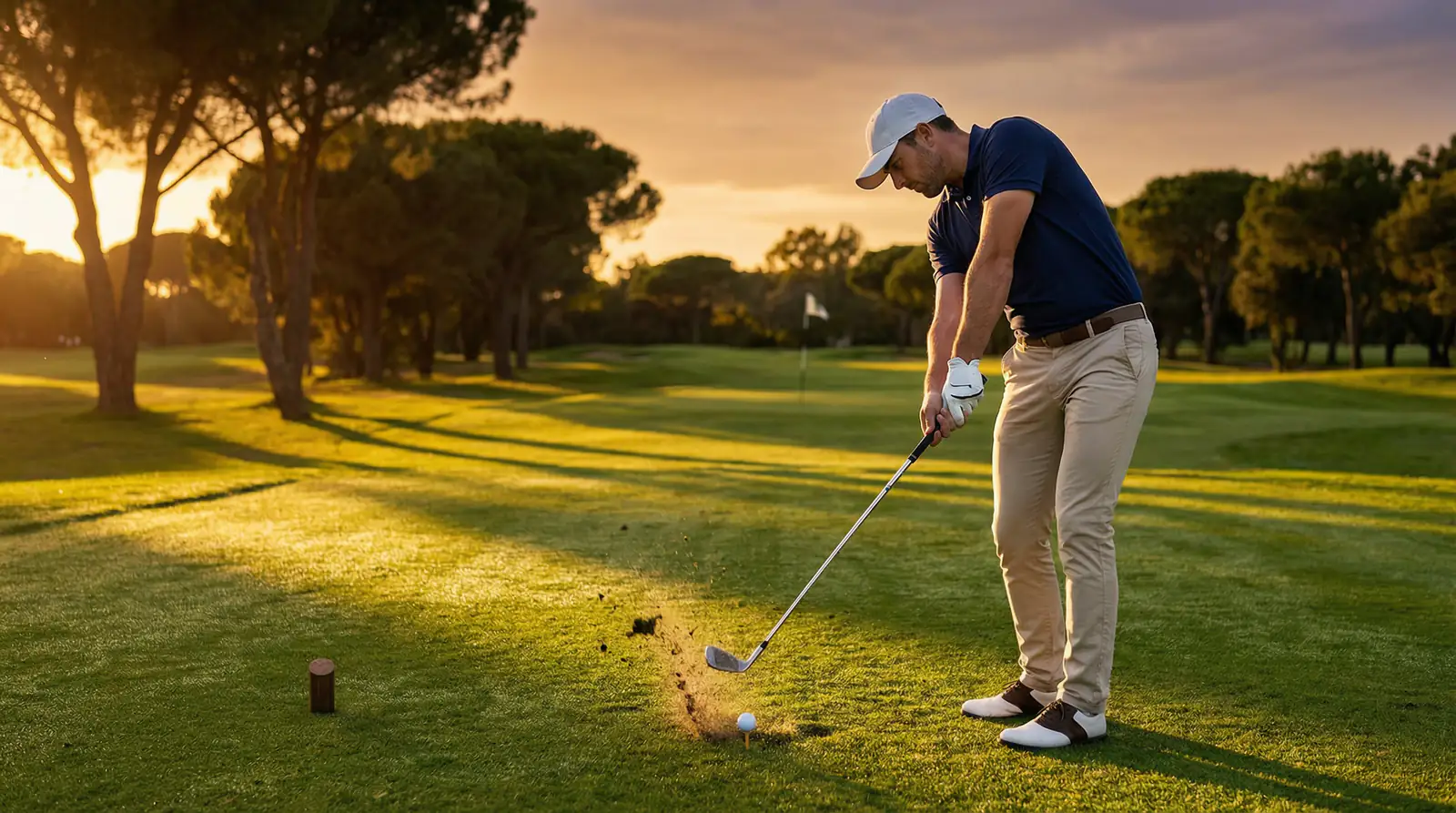 Golfista profesional ejecutando un golpe en un campo de golf verde con bandera al fondo
