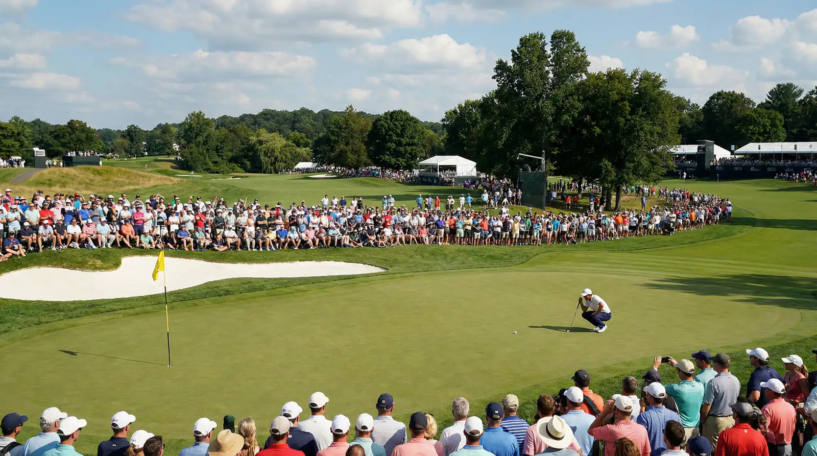Campo de golf emblemático con tribuna y espectadores durante un torneo profesional