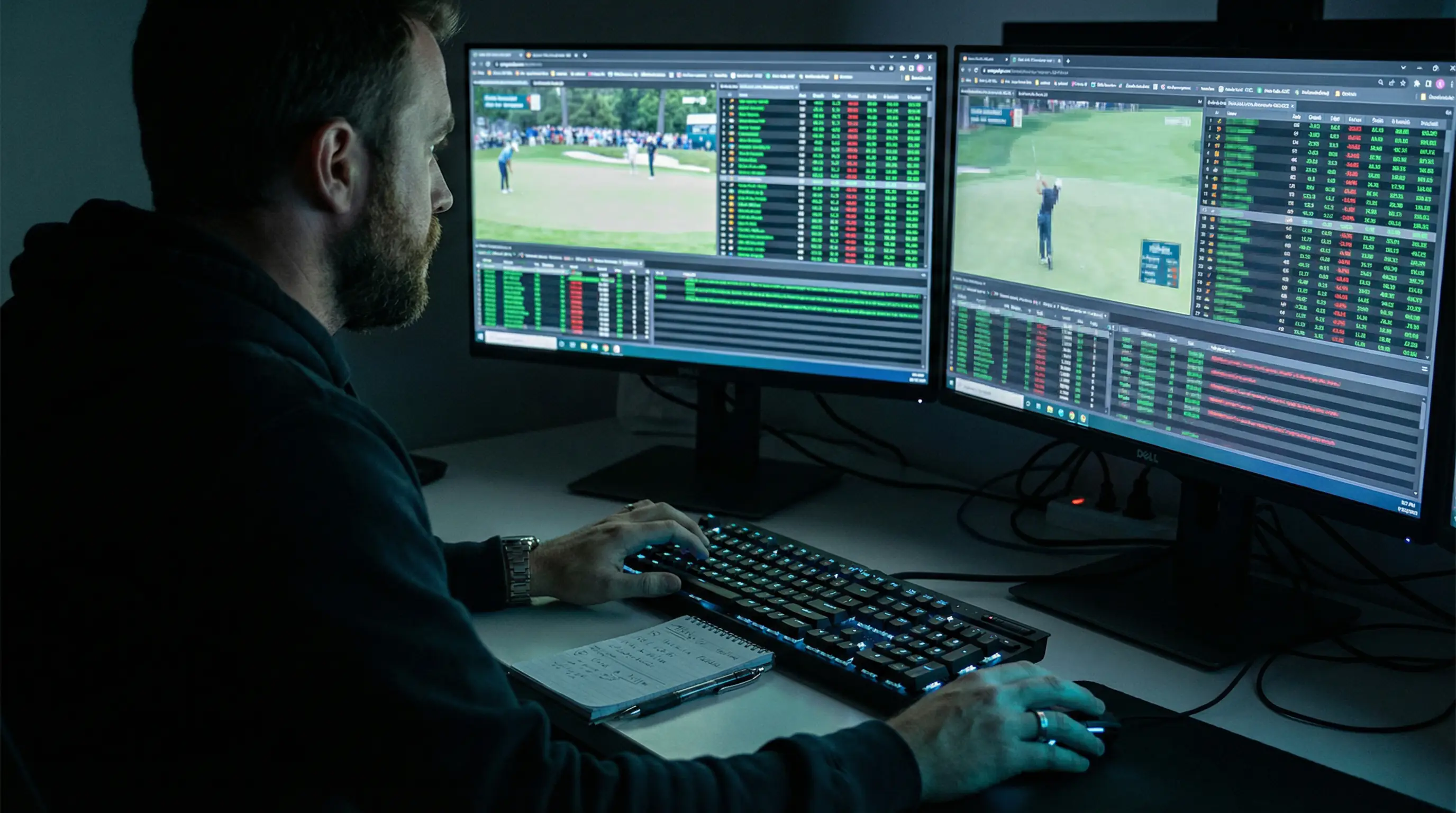 Persona monitorizando apuestas de golf en vivo con múltiples pantallas abiertas