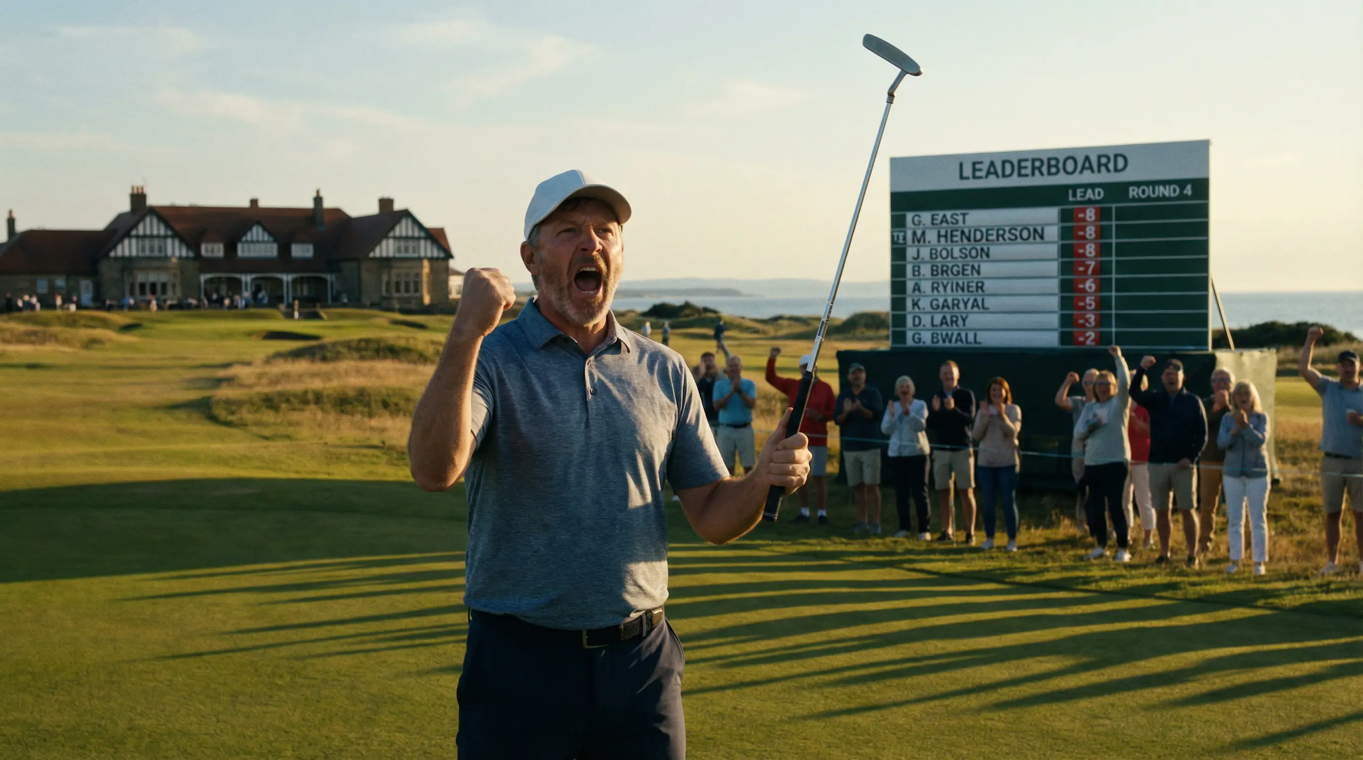 Golfista outsider celebrando un gran resultado inesperado en un torneo de golf